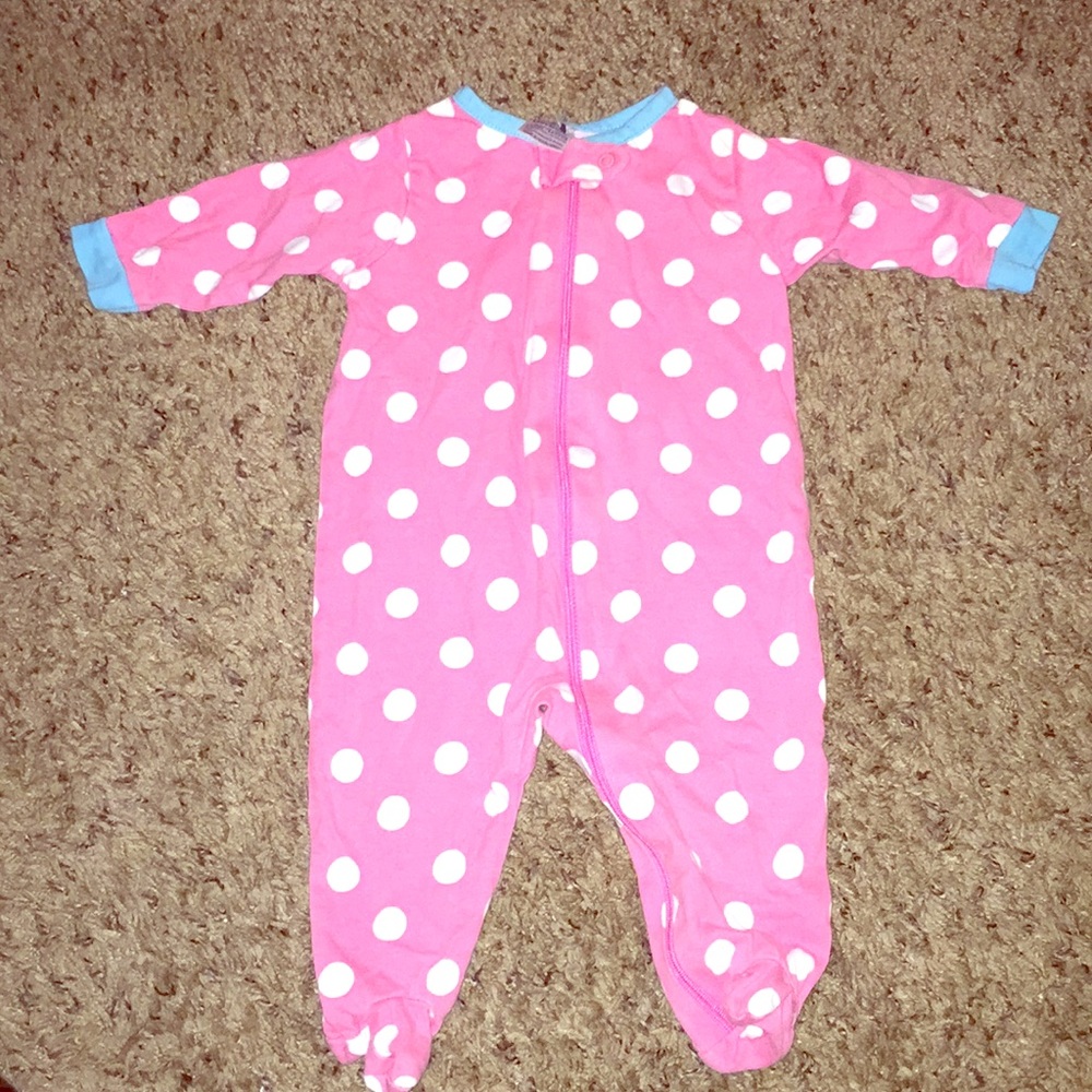 White onesie with pink polka dots
